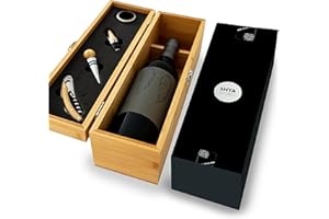 ShyaWorld Caja para Botella de Vino de Madera. Estuche para regalar. Kit Set Accesorios de vinos Incluidos. Sacacorchos, Recogegotas, Dosificador, Tapón...Botella No incluida. (Caja Madera con Set)