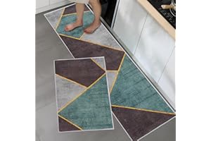 BWBIKE Küchenteppich-Sets Teppich-Standmatten waschbar 2-teiliges Mikrofaser-Anti-Rutsch-Bodenteppich-Set für Küche, Spüle, Flur, Waschküche, 43 x 75 cm + 43 x 150 cm, Dreiecke-Upgrate