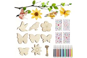 BUCOMTU 57 Stück Holz Bastelset für Kinder Holz Deko Bastelsets, Bastelset Kinder 4 5 6 7 8 9 Jahre,Basteln Kindergeburtstag, Schmetterling Blume Vogel Holzanhänger zum Bemalen für DIY Basteln Mädchen Jungen