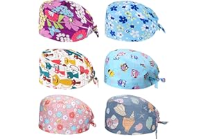 XiYee Pack of 6 Work Caps, Adjustable Cotton Beauty Hat, Turban Cap, Printed Soft Caps, Unisex, Hair Cover with Sweatband for Women and Men