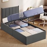 VASAGLE 90 x 200 cm Folding Slatted Bed Frame Underbed Storage Headboard Hydraulic System Modern Easy Assembly Dark Grey RMB6