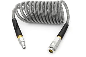 TAILONZ PNEUMATIC 1/4" x 3M Black Reinforced Polyurethane Recoil Air Hose with Bend Restrictor, 1/4" Industrial Quick Coupler and Plug