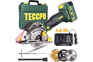 TECCPO 18V Mini Sierra Circular Inalámbrica, 4.0Ah Batería, 1H Cargador Rápido, 3 Hojas Ø 89mm, 3100RPM, Aadecuada para cortar Madera, Metal, Baldosas de Cerámica y Plástico - TDMS23P