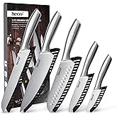 hecef 5 Pieces Kitchen Knives with Covers, Stainless Steel, Silver | Professional Knife Set, Sharp and Light, Solid and Clean