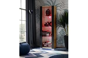 Komodee, Vitrina Tivoli, Negro Wotan, Ancho 55 cm x Alto 159 cm x Profundidad 35 cm, LED RGB, 3 estantes, para salón, Dormitorio, Pasillo