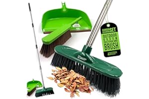 TDBS THE DUSTPAN AND BRUSH STORE Outdoor Broom and Garden Dustpan and Brush Sets, Stiff Bristles Brush and Pan Set, 4-Piece Handle Broom, Dustpan with Serrated Edges, Leaf Collector for Patio, Decking, Driveway Cleaning