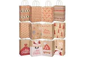 LEMESO Sacchetti Regalo Natale Sacchetti Natalizi per Regali 12 Motivi 21x15x8cm, Buste di Carta con Manici, con Motivo Vintage per Pensieri Natalizi