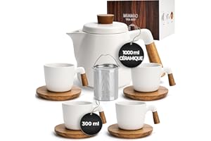 MIAMIO - Théière en céramique de 1000 ML avec infuseur et Tasses/passoire à thé, 4 Tasses à thé en céramique (300 ML), soucoupes en Bambou/poignée pour la Maison et Le Bureau (Blanc)