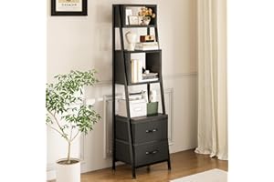 Coleshome Regał na książki, wąski, z 5 półkami, z 2 szufladami z materiału, mały regał na książki, nadaje się do sypialni, biura, salonu, kuchni, 39 x 28,5 x 157 cm, czarny