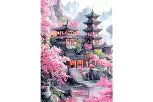 NEWENMO 5D Bâtiments en Chine Diamond Painting Set,DIY Fleurs de Cerisier Peinture Diamant Adulte,Bricolage Diamond Art Kit,Romantique Diamant Painting,pour Adulte Débutant Maison Décor (30x40cm)