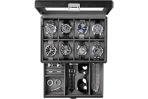 ProCase Estuche para Relojes, Caja Organizadora de 8 Ranuras y 2 Niveles con Tapa de Cristal, Cuero sintético premium, Almohadillas y Forro de Terciopelo, Porta Relojes para Hombre - Negro