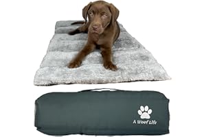 A WOOF LIFE Puppy & Small Travel Dog Bed. Indoor & Outdoor Portable Roll Up Mat with Water Resistant Base and Soft Upper-side. Great for a Garden, Camping, Car Boot, Crate, or Office.