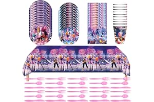 ALECONY 𝐊-𝐏𝐎𝐏 Geburtstagsdekoration Partygeschirr Set,𝐃emon 𝐇unters Fächer Party Dekorationsset,Happy Birthday Tischdecke, Teller,Tassen für Frauen Mädchen,Themen Tortenaufsätze (Purple)