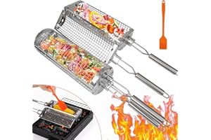 JUAUO Conjunto de Cestas para Parrilla Rodante con Apertura Lateral, Utensilios de Barbacoa de Acero Inoxidable, Kit de Barbacoa con Cepillo de Silicona y Mango Extraíble, Accesorios BBQ para Asar Verduras