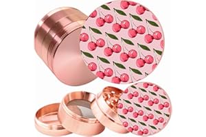 UKGLASS Pink Cherry Grinder - Four Piece Grinder with Full Print, Magnetic Top, Shark Teeth & Pollen Catcher - for Tobacco, Dry Herbs & Spices