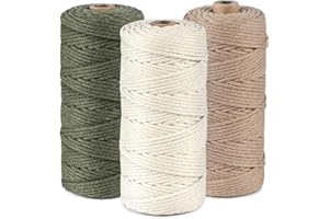 1PLUSSELECT 3mm Corde Macramé,300m Fil à Macramé,4-Ply Corde en Coton,3 Rouleau Ficelle en Coton pour Noël,Mariage,Tricot,Suspension Murale,Suspension Plantes,Travaux Manuels(Beige,Vert Militaire,Marron)