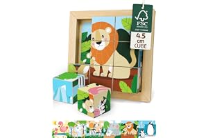 Merle Toys® 6-i-1 Kubpussel i trä för barn från 2 år, 3D Bildkuber av 100% Bokträ, Barnpussel för 2–3 år, pedagogisk Träleksa