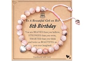 POWWA 4-16 Jahre Geburtstag Geschenke für Mädchen, Pink Zebra Naturstein Armband mit süßem Herzanhänger und Nachrichtenkarte für Tochter/Enkelin/Nichte Birthday Gifts for Girls