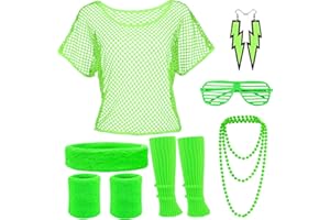 YADODO 90er 80er Jahre Outfit Damen Mottoparty Netzoberteil mit Accessoires Neon Party Outfit Kostüm 80er Jahre Damen Aerobic Outfit 80er Jahre kleidung Typisch Off Shoulder Netzshirt Frauen Grün