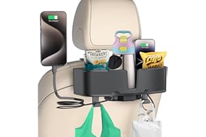 OHLPRO Car Headrest Cup Holder for Back Seat Organizer, Type-c/Lightning Retractable Charging Cable, Car Seat Back Storage Box with Drink Cup Holder, Road Trips, Travel Accessories