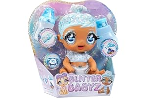 MGA Glitter Babyz Poupée January Snowflake - Avec 3 changements de couleur magiques, cheveux bleus & 1 tenue d’hiver, contient 1 couche réutilisable, 1 biberon & tétine, pour les enfants, 3 ans +
