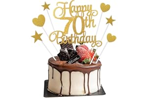 APLZGMG 70th Birthday Cake Decorations, 7Pcs Personalised Happy 70th Birthday Cake Topper with Heart Star Cupcake Picks, Gold Glitter Happy 70 Years Old Birthday Sign for Birthday Party Supplies