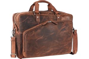 TUSC Oberon Premium Ledertasche in Braun für 17,3 Zoll Laptop, Unisex Umhängetasche, Aktentasche, Schultertasche Büffelleder im Vintage-Look, 46x32x15 cm
