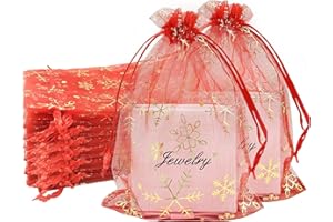 MORAINJAY 100 Pezzi Sacchetti Organza Natalizi,10x15cm Rosso Fiocco di Neve Sacchetti Organza Regalo,Borse Organza con Coulisse,Sacchetti Confetti per Matrimonio,Bomboniere,Caramella,Gioielli