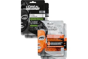 L’ORÉAL PARIS MEN EXPERT L'Oréal Men Expert Hydra Energy Pure Carbon - Set di 4 maschere idratanti per il viso contro punti neri e brufoli, 4 x 30 g