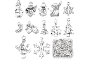 SUNNYCLUE 1 Box 120Pcs 12 Style Christmas Tibetan Style Charms Winter Theme Snowflake Pendants Antique Silver Snowman Pendants Metal Alloy Christmas tree Beads Bulk for Jewelry Making Charm DIY Craft