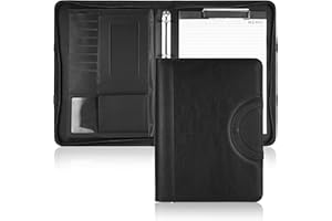 ‎STARVORTEX Schreibmappe A4 mit Reißverschluss, Schwarz PU Ledermappe Konferenzmappe A4 mit Klaren Dokumententaschen, Alles-in-einem Dokumentenmappe Leder mit Ringmappe, Tragbar Arbeits Mappe Notiz Organizer