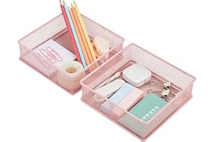 Annova Mesh Drawer Cabinet and Shelf Organizer Bins Storage Basket School Office Supply Holder Tray- Set of 2 (Light Pink, 15x15x5 cm)