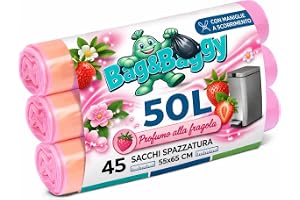 Bag&Baggy 45 parfymsäckar 50 liter jordgubbssoptunna, med glidhandtag, 55 x 65 cm, rosa LDPE-säck, 3 rullar med 15 stycken