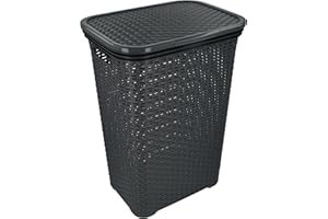 HRB Wäschekorb mit Deckel Rattan, Wäscheaufbewahrung aus Kunststoff, Wäsche Sortierer (65 L - Eckig, Anthrazit)