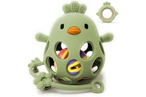 MÜVI - Mordedor bebé sensorial con sonajero y cadena, Mordedor de dentición +3 meses, Silicona alimentaria, suave y sin BPA, Fácil de agarrar y morder, Alivio para encías - Teether. (Pack Verde)