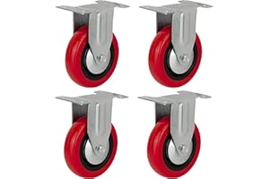 Bulldog Castors - Rotelle fisse in poliuretano, 100 mm, con freni, (poliuretano rosso), molto resistenti, ruote per mobili, elettrodomestici e attrezzatura, max 400 kg a set