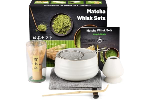 7 Pièce Matcha Set : Broom, Tea Set, Spoon, Whisk Holder, Balai, Shovel, Strainer - Accessoires Traditionnel Japonais Thé Matcha Meilleur Offrande, Blanc
