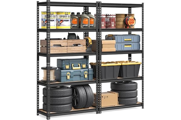 Songmics Snabb montering, kraftig hylla set om 2, stående hylla, förvaringshylla, kökshylla, hylla, 5 hyllor, 45 x 90 x 180 cm, kan belastas upp till 875 kg, för källare, kök, arbetsrum