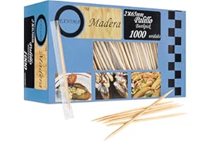 EXNIMA, Palillos de Madera Redondos con Protección de Plástico, Pack 1000, 2000, 4000 o 6000, Palillos de Dientes Higiénicos, 6.5cm Largo, Pincho de Aperitivos o Manualidades, en Bolsa de Plástico.