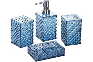 A+KCEYON Blue Bathroom Accessories Set 4 Pcs Navy Blue Bathroom Accessories Toothbrush Holder Soap Dispenser Set Contain Soap Dish Tumbler Diamond Pattern Bathroom Countertop Vanity Décor Set Plastic