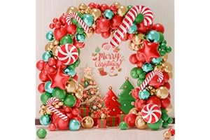 NETNOLOGY Kit de Arco de Globos Navidad, 151pcs Guirnalda de Globos Navideños Rojo Verde Dorado con Globos de Aluminio Bastón Estrella Caramelo, Decoración Fiesta Navidad Rojo Verde para Navidad Año Nuevo
