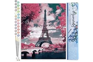 Figured'Art Paint by Numbers for Adults Eiffel Tower in Spring Pink colours 40x50cm - Craft Art Painting DIY Kit Rolled Canvas without frame