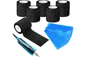 SUNOYA Mangas Cable Tatuaje, Cubiertas para Máquinas de Tatuar, Fundas Máquina Tatuaje, 6 Piezas (5cmx4.5m) Tattoo Grip Tape con 400 piezas (6cmx18cm) Fundas Desechables para Máquinas de Tatuar (Negro)
