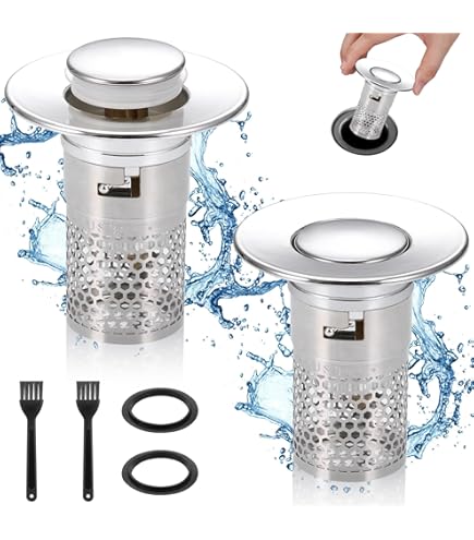 2 stuks afvoerzeef, pop-up 3-in-1 afvoerstop met zeef en afneembare roestvrijstalen filtermand, stop, wastafel stopper voor 28-58 mm wastafel, messing kogelkern, chroom