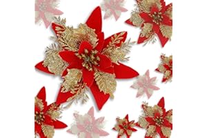 RNAIRNI 24 Stücke Weihnachten Funkeln Weihnachtsstern Blumen mit Clips Künstliche Weihnachten Blumen Glitzer Weihnachtsblume Hochzeit Weihnachtsbaum Weihnachtstürkranz Neujahr Ornamente