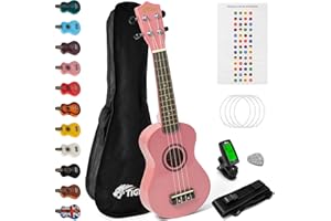 Tiger UKEKIT-PK Soprano Ukulele Kit – Suitable for Beginners and Children – Chromatic Tuner, Strap, Carry Bag, Notes Sticker, Felt Pick, Spare Strings, with Aquila Strings Fitted - Pink