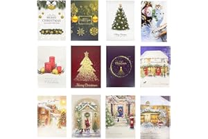 FFTANXS Tarjeta de Navidad, con Purpurina de Tarjeta felicitacion tarjeta regalo, Conjunto de 24 Plegable Tarjetas + 24 Sobres papel + 24 Pegatinas Tarjetas de DIY notas felicitación de Navideñas postales