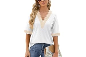 Atxnn Camiseta Mujer de Manga Media Blusas Boho con Cuello en V Camisa Elegante con Encaje Tops de Verano Ligera y Fresca