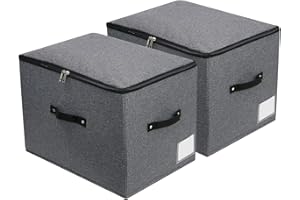 OMYGARDEN Caja de almacenamiento plegable de tela con tapa con cremallera, asa, mantas, ropa, colchas, cesta organizadora para dormitorio, armario, estante, 44 x 33 x 31 cm, color negro y gris, paquete de 2