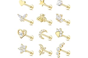 JEWEBELLA JewBella 12 Pièces 16G Piercing Oreille Cartilage pour Femme Homme Acier Chirurgical Filetage Interne CZ Lune Coeur Feuille Boucles d'oreilles Piercing Nez Labret Helix Tragus Argent/Or